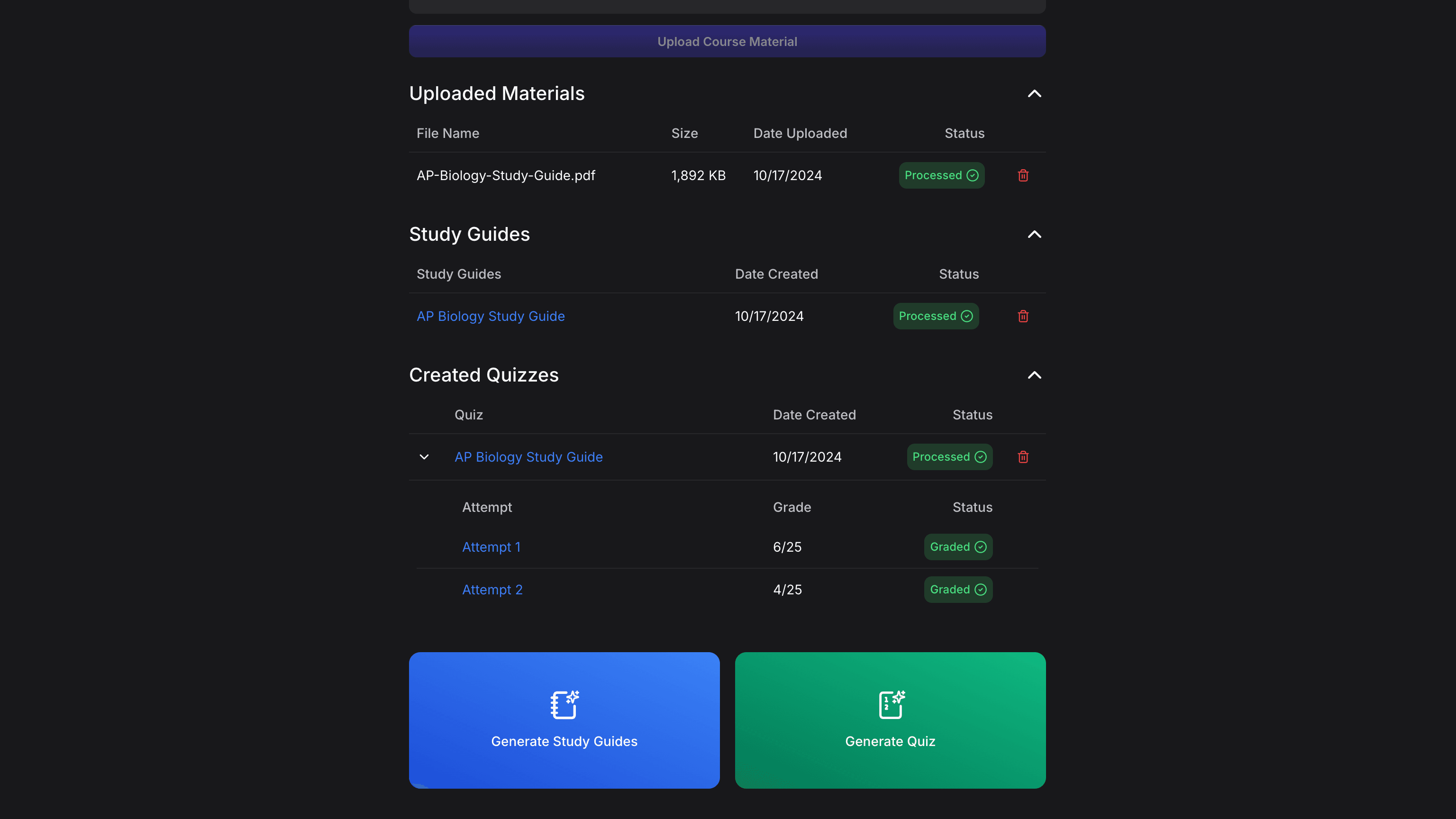 Shareable Quizzes and Guides Study simulator dashboard showing quiz sharing options and study materials