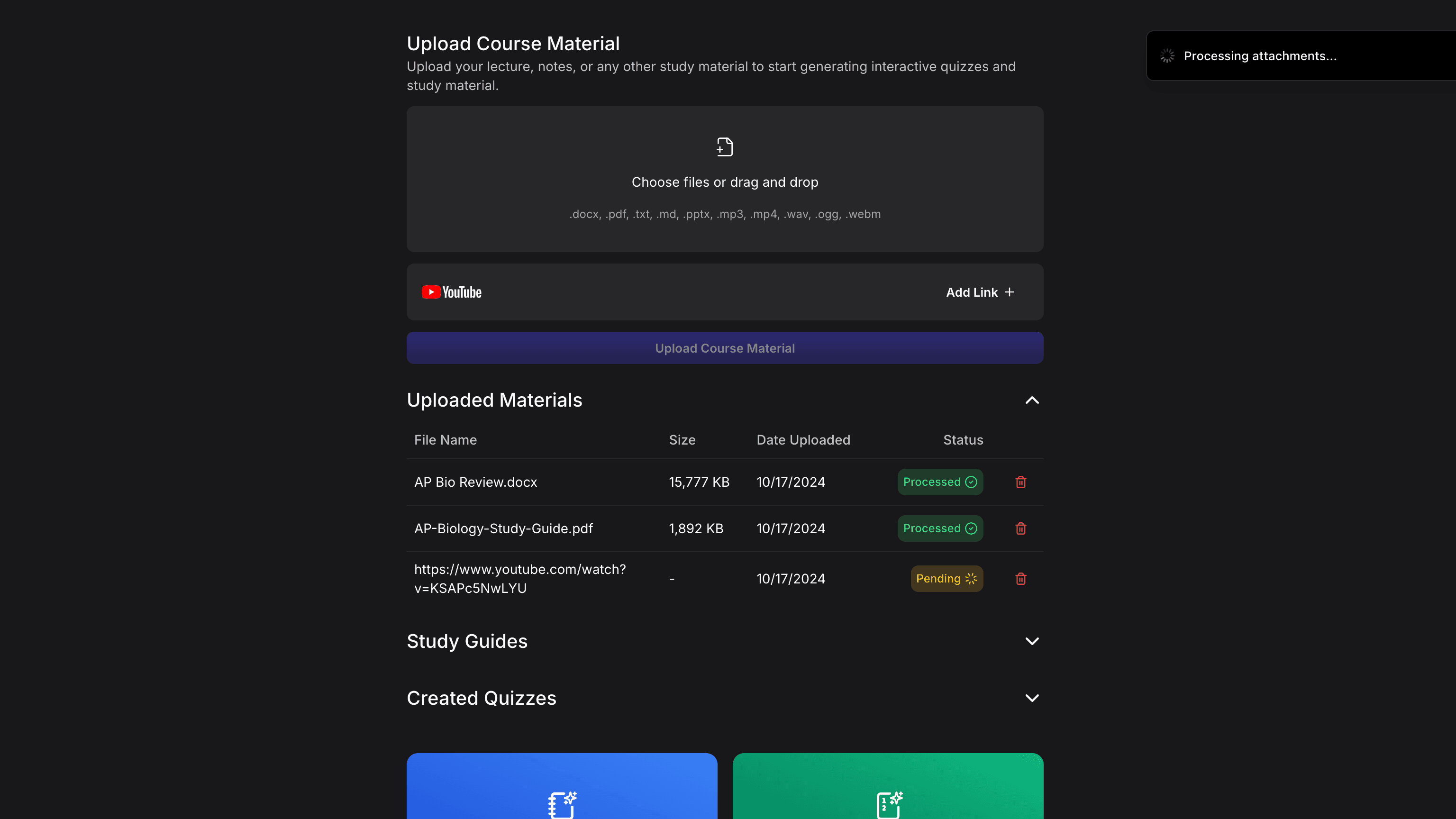 Upload Anything AI study simulator creating quizzes from uploaded course materials
