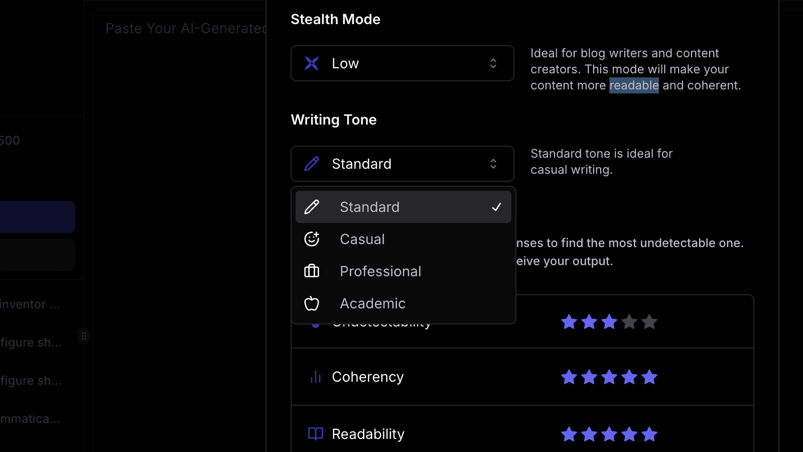 Professional Tone AI humanizer adjusting tone from academic to professional writing styles